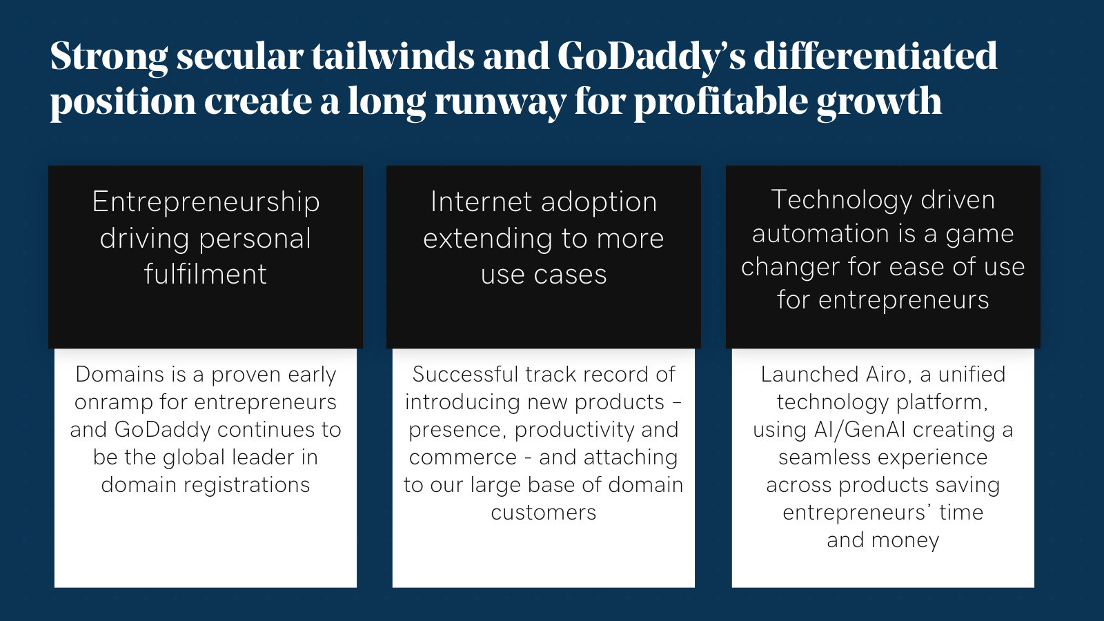The three secular tailwinds management is betting on — entrepreneurship, wider internet use, and AI-driven automation.
